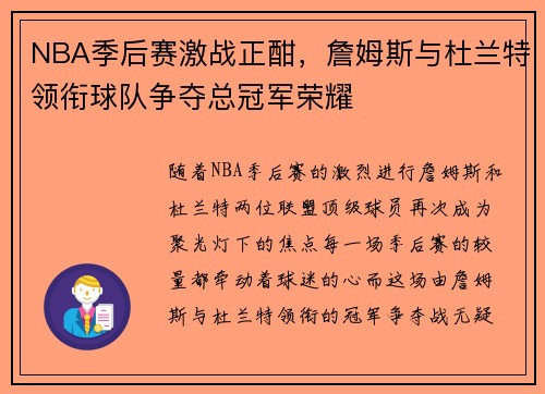 NBA季后赛激战正酣，詹姆斯与杜兰特领衔球队争夺总冠军荣耀